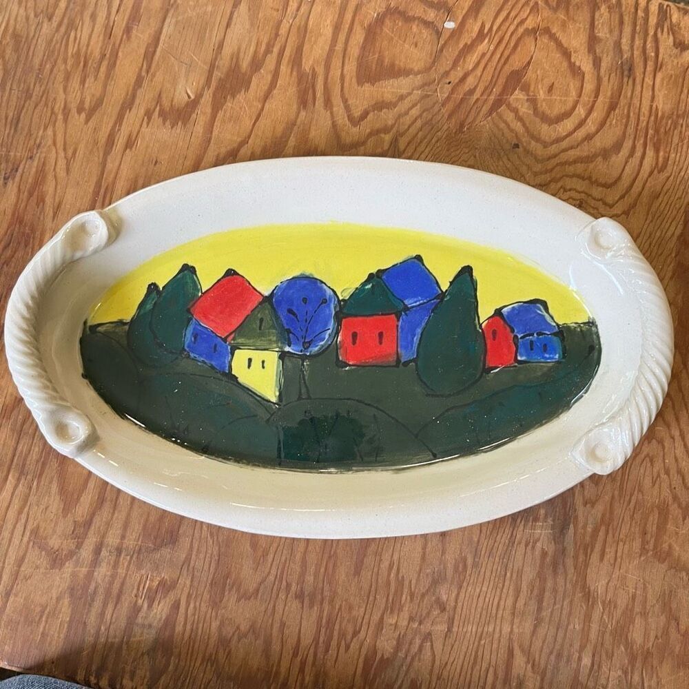 Handmade Folk Art Pottery Tray Village Scene Oval Catchall 12”